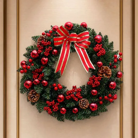 Guirnalda de Navidad Artificial Con Bayas Rojas Piñas Lazo Para Puerta Pared Hotel Ventana Decoración de Navidad