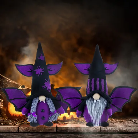 Halloween Vampire Bat Gnome Plush Faceless Doll Decoration Purple Wings Spider Pattern For Festival Home Table Decor