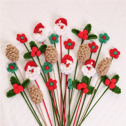 Handmade Knitted Christmas Flower Bouquet Santa Claus Pine Cone Crochet Artificial Flowers For Home Decor Festive Gift