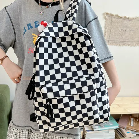 Lightweight Checkerboard Nylon Backpack Large Capacity School Bag For Students Minimalist Waterproof Casual Laptop Travel Rucksack