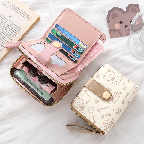 Portafoglio Corto da Donna Kawaii Giapponese Gatto Cartone Animato Modello Orso in Pelle PU Porta Carte Portamonete Pieghevole