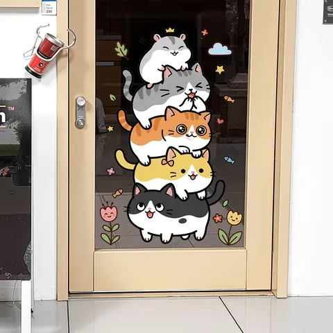 Cartoon Cat Hamster UV Color Printing Static Glass Sticker Waterproof PVC Wall Decal For Bathroom Kids Room Sliding Door Decoration