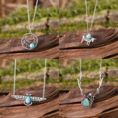 Vintage Bohemian Zinc Alloy Hollow Lotus Leaf Cow Hummingbird Tree Branch Pendant Necklace With Turquoise Ethnic Style Jewelry For Women Gift