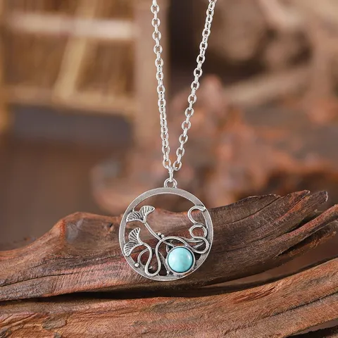 Vintage Bohemian Zinc Alloy Hollow Lotus Leaf Cow Hummingbird Tree Branch Pendant Necklace With Turquoise Ethnic Style Jewelry For Women Gift