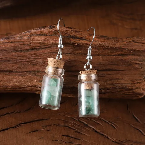 Glas Treibflasche Hängeohrringe Unregelmäßige Natursteinchips Wunschflasche Ohrringe Mit Holzkorken Boho Schmuck Für Damen
