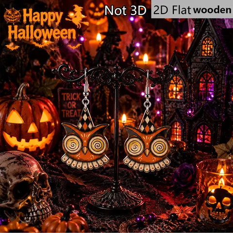 Halloween Vintage Jester Hat Owl Wood Earrings Hypnotic Spiral Eye Cartoon Wood Dangle Earrings Party Decoration Women Jewelry