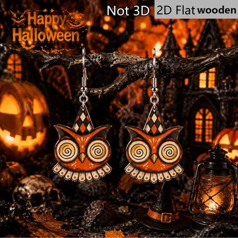 Halloween Vintage Jester Hat Owl Wood Earrings Hypnotic Spiral Eye Cartoon Wood Dangle Earrings Party Decoration Women Jewelry