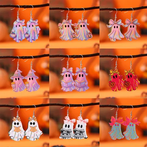 Halloween Gothic Acryl Geist Schleife Ohrringe Irisierend Geist Kürbis Anhänger Tropfenohrringe Für Damen Party Schmuck