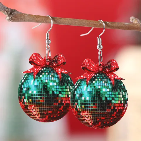 Christmas New Year Wooden Bow Disco Ball Drop Earrings Double Sided Printed Festival Holiday Earrings For Women Jewelry Gift