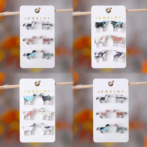 Juego de Pendientes de Botón de Aleación de Zinc Animal Estampado de Vaca Caballo Cabra Manchado para Mujer