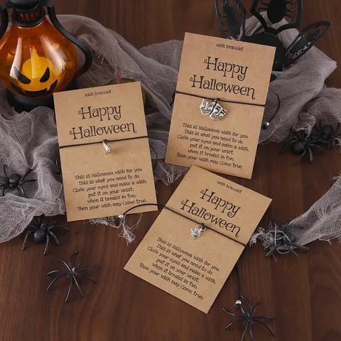 Halloween Geist Hexe Kürbis Legierung Anhänger Geflochtenes Wunscharmband Mit Kraftpapierkarte Geschenk Für Party Unisex Zubehör
