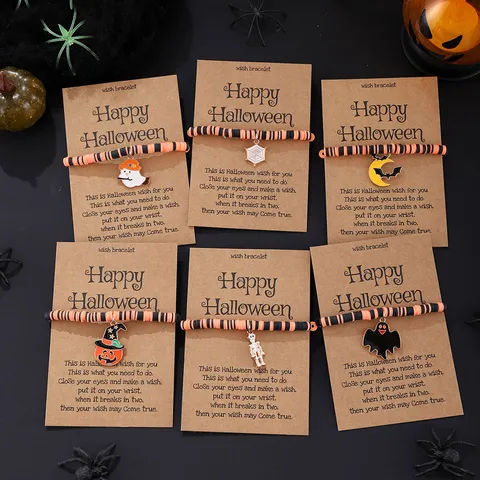 Halloween Polymerton Perlen Charm Armband Für Damen Legierung Geist Kürbis Totenkopf Anhänger Gewebt Wunschkarte Elastisch Verstellbares Armband Festlicher Schmuck