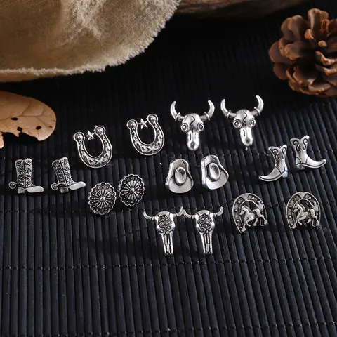 Retro Ethnisch Western Cowboy Hufeisen Stierkopf Stiefel Hut Zinklegierung Ohrstecker Für Damen Individueller Modeschmuck