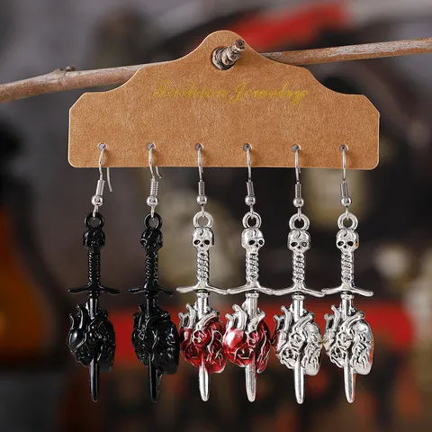 Gothic Halloween Sword Piercing Heart Earrings Set Vintage Zinc Alloy Skull Enamel Punk Drop Earrings For Women 6 Pairs