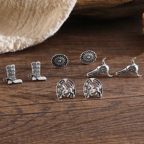 Retro Ethnisch Western Cowboy Hufeisen Stierkopf Stiefel Hut Zinklegierung Ohrstecker Für Damen Individueller Modeschmuck