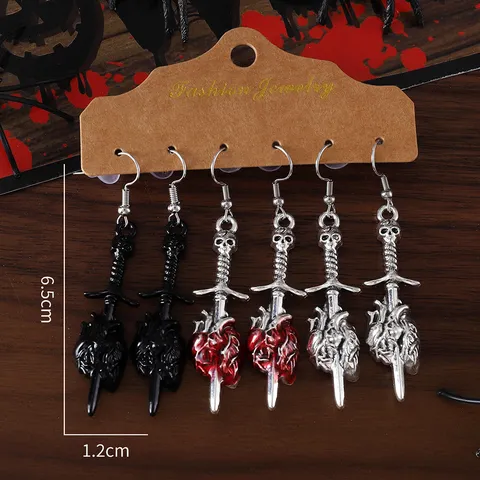 Gothic Halloween Sword Piercing Heart Earrings Set Vintage Zinc Alloy Skull Enamel Punk Drop Earrings For Women 6 Pairs