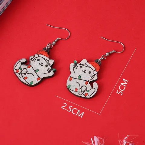 Christmas Cat Wooden Drop Earrings Colorful Lights Xmas Hat Double Sided Printed Earrings Festive Jewelry Women Gift
