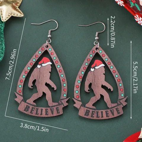 Weihnachten Bigfoot Weihnachtsmütze Wassertropfen Hohle Holzohrringe Doppelseitig Bedruckter Believe Sasquatch Schmuck Damen Geschenk