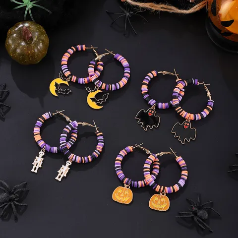 Halloween Geist Totenkopf Kürbis Fledermaus Mond Anhänger Polymer Ton Creolen Gothischer Stil Edelstahl Ohrringe Für Damen