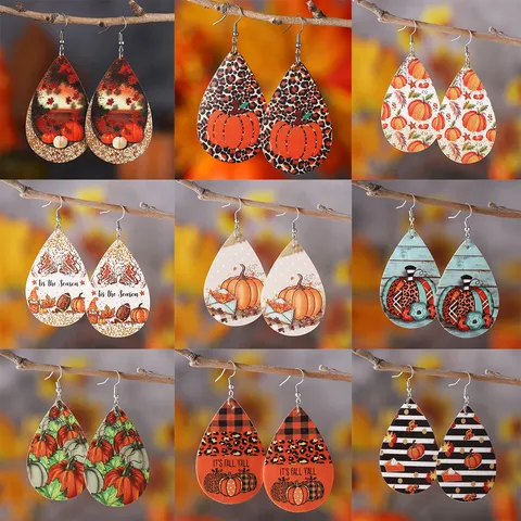 Erntedankfest Ahornblatt Kürbis PU Leder Wassertropfen Anhänger Ohrringe Edelstahl Ohrringpfosten Doppelseitig Bedruckt Festival Party Schmuck Geschenk Für Damen