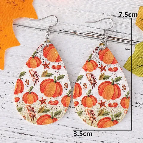 Erntedankfest Ahornblatt Kürbis PU Leder Wassertropfen Anhänger Ohrringe Edelstahl Ohrringpfosten Doppelseitig Bedruckt Festival Party Schmuck Geschenk Für Damen