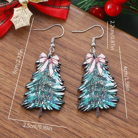 Pendientes Colgantes de Madera con Árbol de Navidad y Lazo Oh Come Let Us Adore Him Estampados para Fiesta de Navidad Joyería Mujer