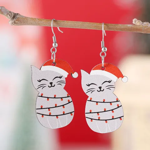 Cute Christmas Cat Pendant Wood Earrings For Women Double Sided Printed Animal Wooden Drop Earrings Stainless Steel Earring Post Festive Party Gift