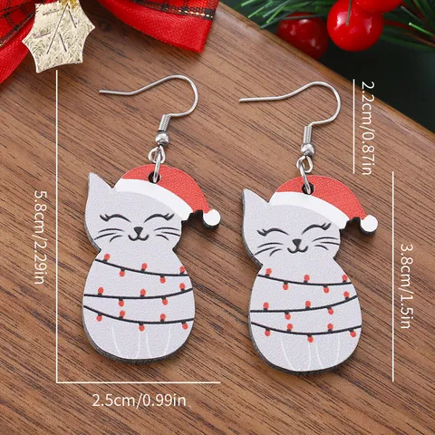 Cute Christmas Cat Pendant Wood Earrings For Women Double Sided Printed Animal Wooden Drop Earrings Stainless Steel Earring Post Festive Party Gift