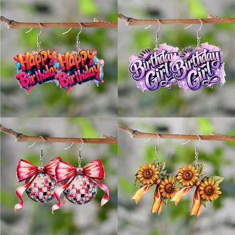 Acrylic Birthday Party Earrings Printed Happy Birthday Disco Ball Bow Sunflower Lightning Pendant Earrings Birthday Jewelry Gift