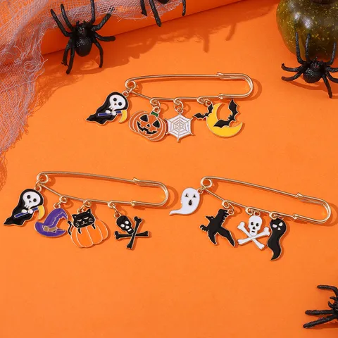 Halloween Brooch Gothic Enamel Badge Pin Alloy Pumpkin Ghost Cobweb Safety Pin Brooch For Costume Party Accessory Jewelry Gift
