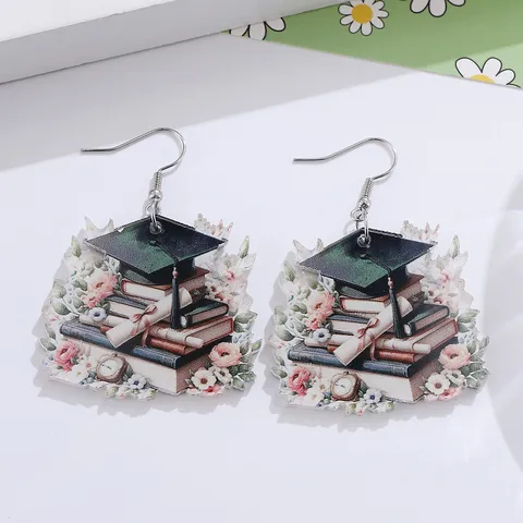 Abschlusszeit Acryl Ohrringe Doktorhut Buch Blume Schriftrolle Anhänger Glückwunsch Schmuck Geschenk für Damen
