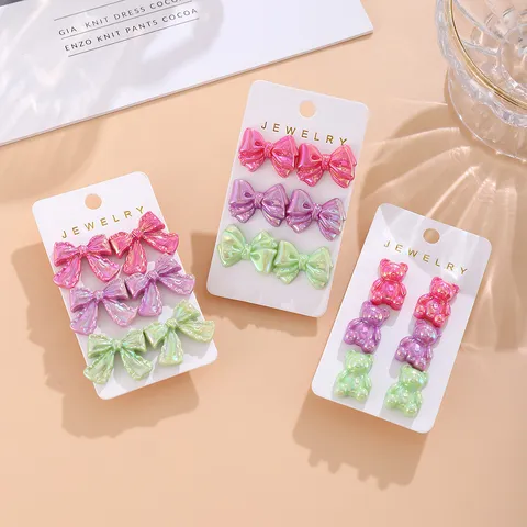 Japanischer Stil Süßes Acryl Schleife Bär Ohrring Set Bunte Galvanisierte 3D Geometrische Ohrstecker Für Damen Mädchen Schmuck Geschenk