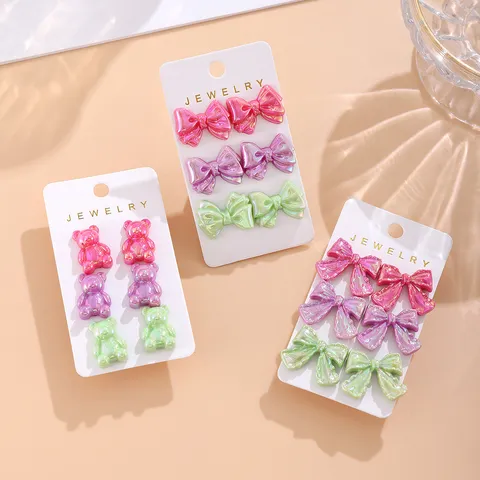 Japanischer Stil Süßes Acryl Schleife Bär Ohrring Set Bunte Galvanisierte 3D Geometrische Ohrstecker Für Damen Mädchen Schmuck Geschenk