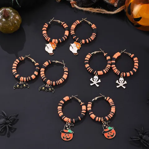 Halloween Geist Totenkopf Kürbis Fledermaus Mond Anhänger Polymer Ton Creolen Gothischer Stil Edelstahl Ohrringe Für Damen