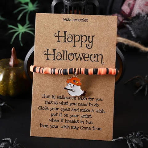 Halloween Polymerton Perlen Charm Armband Für Damen Legierung Geist Kürbis Totenkopf Anhänger Gewebt Wunschkarte Elastisch Verstellbares Armband Festlicher Schmuck