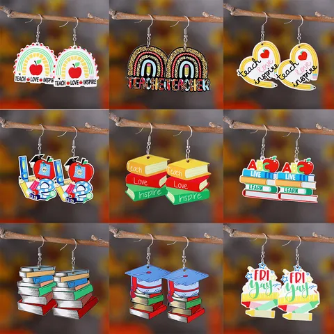 Boucles d'Oreilles Pendantes en Acrylique Rentrée Scolaire pour Femmes Enseignant Crayon Pomme Arc en Ciel Règle Livre Bijoux