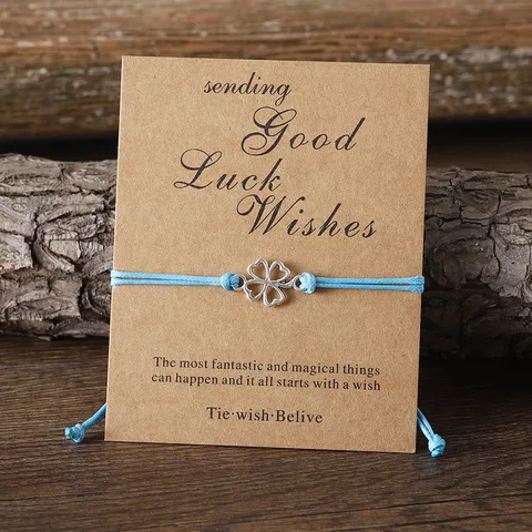 Woven Lucky Clover Bracelet With Blessing Card Adjustable String Bracelet Alloy Four-Leaf Pendant Jewelry Souvenir Gift For Women