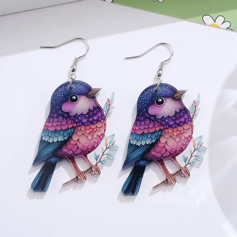 Colorful Acrylic Hummingbird Bird Pendant Earrings Printed Flower Branch Drop Earrings For Women Vacation Jewelry