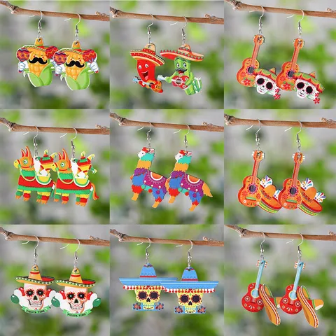 Mexikanische Cinco De Mayo Tag Der Toten Holz Ohrringe Doppelseitig Bedruckt Bunte Kaktus Totenkopf Gitarre Anhänger Tropfen Ohrringe Für Frauen Party Schmuck