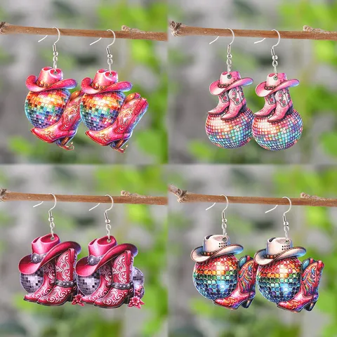 Western Cowboy Style Wooden Drop Earrings Double Sided Printed Disco Ball Hat Boots Pendant Earrings For Music Festival Party Women Jewelry