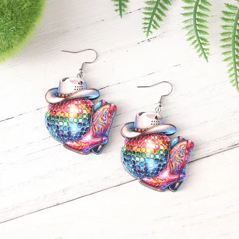 Western Cowboy Style Wooden Drop Earrings Double Sided Printed Disco Ball Hat Boots Pendant Earrings For Music Festival Party Women Jewelry