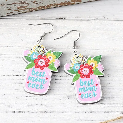 Pendientes de Madera para el Día de la Madre Ramo de Flores Corazón Letra MOM Silueta Estampado Pendientes Colgantes Mujer Joyería