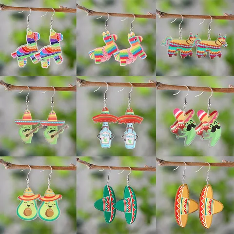 Mexikanische Cinco De Mayo Acryl Ohrhänger Bedruckte Sombrero Tequila Kaktus Pinata Gnom Taco Avocado Party Schmuck Für Damen