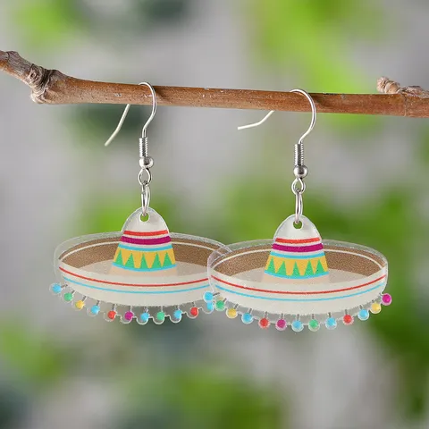 Messicano Cinco De Mayo Multicolore Cappello Di Paglia Orecchini Pendenti In Acrilico Carino Geometrico Striscia Palla Orecchini Festa Vacanza Orecchio Gioielli Regalo Per Donne