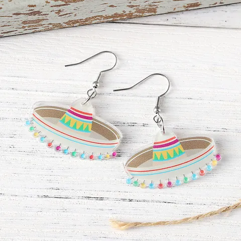 Messicano Cinco De Mayo Multicolore Cappello Di Paglia Orecchini Pendenti In Acrilico Carino Geometrico Striscia Palla Orecchini Festa Vacanza Orecchio Gioielli Regalo Per Donne