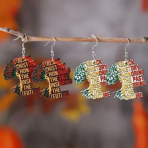 African Ethnic Style Tree Of Life Wooden Pendant Earrings Black History Month Double Sided Printed Geometry Ear Jewelry Gift For Women