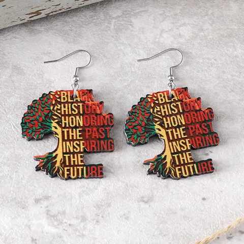 African Ethnic Style Tree Of Life Wooden Pendant Earrings Black History Month Double Sided Printed Geometry Ear Jewelry Gift For Women