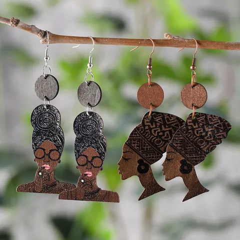 African Queen Portrait Wooden Earrings For Black History Month Juneteenth Ethnic Style Double Sided Printed Wood Dangle Earrings For Women Gift