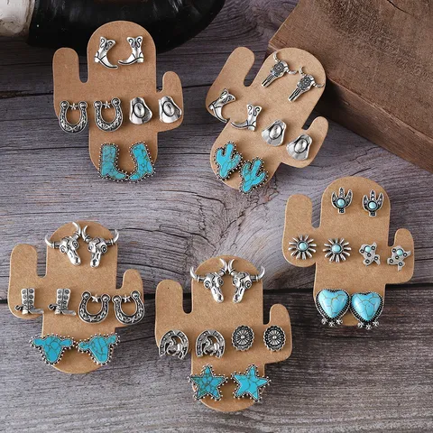 Vintage Western Cowboy Ohrstecker Set Für Damen Legierung Künstlicher Türkis Strass Stierkopf Stiefel Hut Kaktus Herz Ohrringe Schmuck