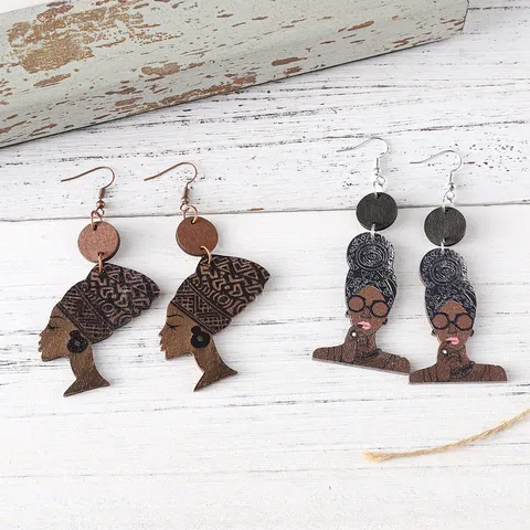 African Queen Portrait Wooden Earrings For Black History Month Juneteenth Ethnic Style Double Sided Printed Wood Dangle Earrings For Women Gift